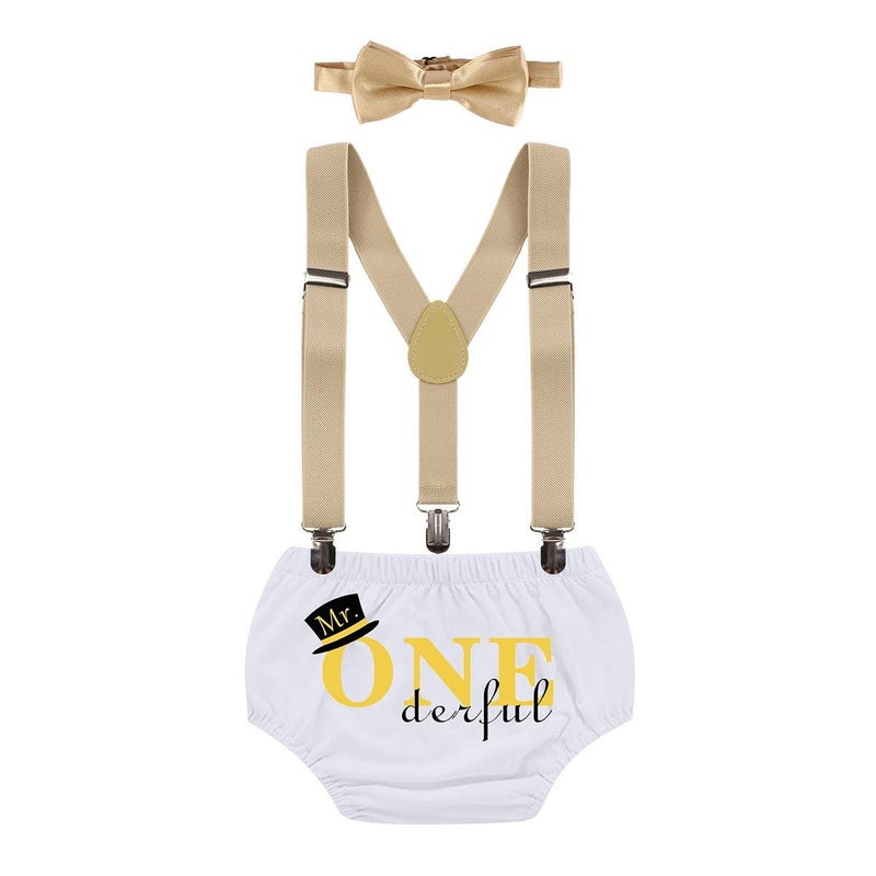 HIHCBF Boys 1st Birthday Outfit Cake Smash Set Mr. ONE Derful Baby Shower Costume Photo Shoot Bloomers Suspenders Bowtie White - Image 1